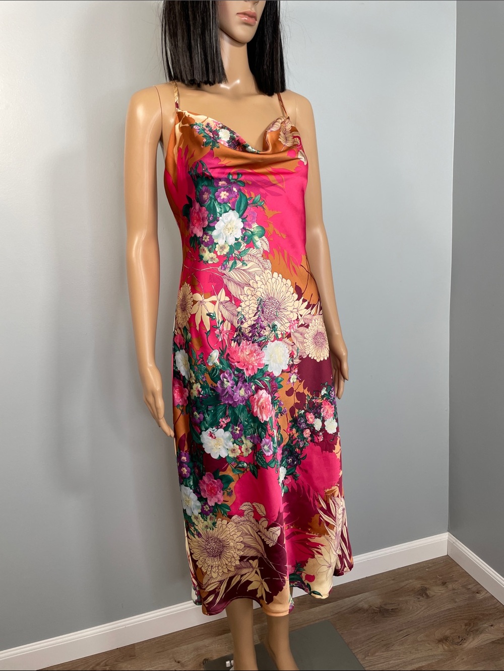 Aakaa Fuchsia and Gold Floral Satin Slip Midi Dress